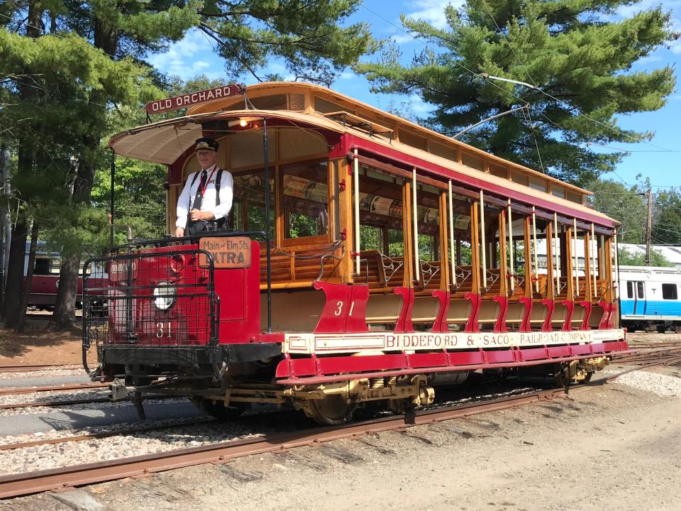 Guests enjoy Seashore’s open car or “breezer” trolleys! Pictured here, the Biddeford and Saco No. 31, restored by staff and volunteers to its original state and on display at Seashore Trolley Museum.