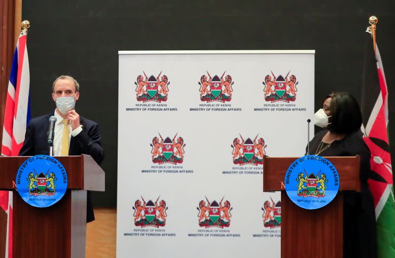 Britain's Foreign Secretary Raab and Kenya's Cabinet Secretary for Foreign Affairs Omamo address a news conference in Nairobi