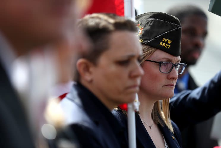 Female veterans look on during a news conference to introduce the Deborah Sampson Act at the U.S. Capitol on March 21, 2017 in Washington, DC. A bipartisan group of lawmakers held a news conference to introduce the Deborah Sampson Act legislation that addresses issues that female veterans face when they seek healthcare. (Photo: Justin Sullivan/Getty Images)