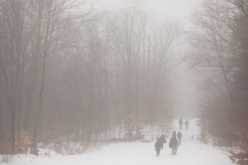 Researchers from Binghamton University and DEC staff members hike through the fog to find abandoned oil wells in Olean, New York