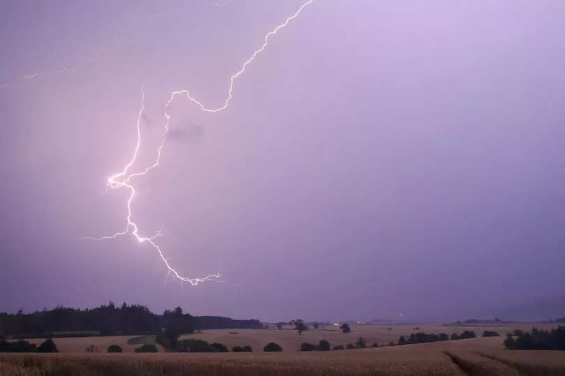 A cloud-ground lightning strike over open fields and trees, Perthshire