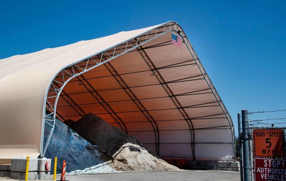 ACHD uses a large shed to shield road supplies, including salt for winter weather. The shed can be seen from both Adams Street and Reed Street in Garden City.