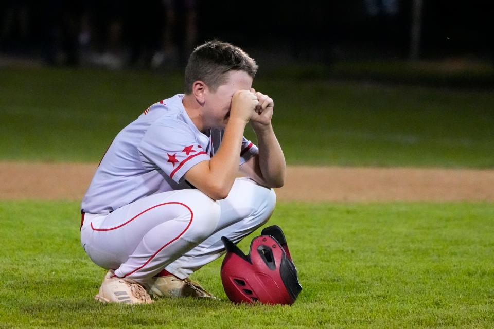 Aug 10, 2022; Bristol, CT, USA; Connecticut Will Hathaway (5) reacts to being thrown out at second base during the sixth inning against the Toms River East at Bartlett Giamatti Little League Leadership Training Center. Mandatory Credit: Gregory Fisher-USA TODAY Sports