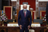 Democratic presidential candidate, former Vice President Joe Biden bows his head in prayer during a visit to Bethel AME Church in Wilmington, Del., Monday, June 1, 2020. (AP Photo/Andrew Harnik)