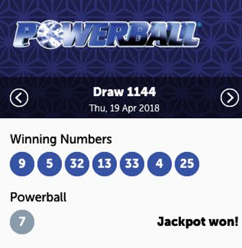 The winning numbers were were 9, 5, 32, 13, 33, 4 and 25. The Powerball was 7. Source: The Lott website