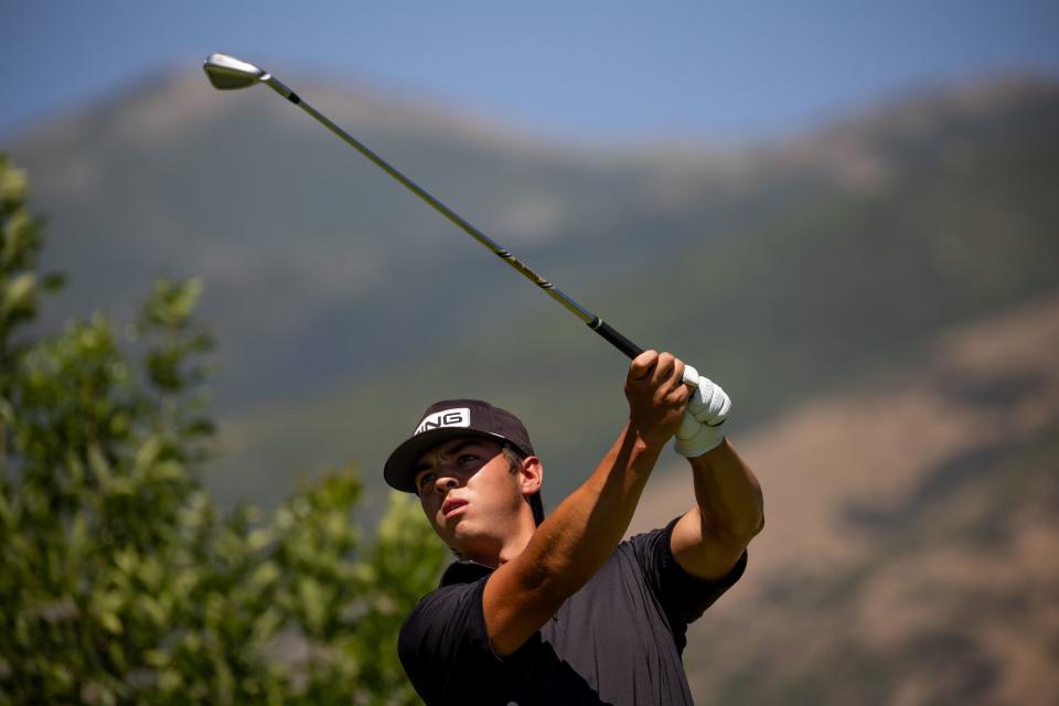 Tyson Shelley hits a tee shot during the Utah Championship, part of the PGA Korn Ferry Tour, at Oakridge Country Club in Farmington on Saturday, Aug. 5, 2023. | Spenser Heaps, Deseret News