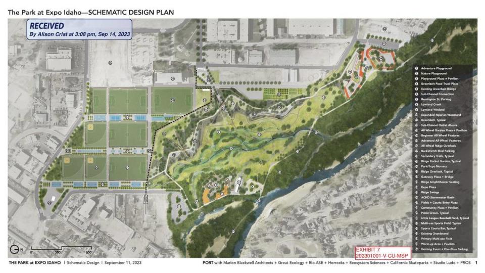 A proposed design for The Park at Expo Idaho from Philadelphia and Chicago-based firm Port. The project would be completed in two phases: the first phase at right of image would include the park, an “all-wheels sports park,” playgrounds and habitat area for wildlife. The second phase would include the sports, fitness and athletic facilities at left of image.