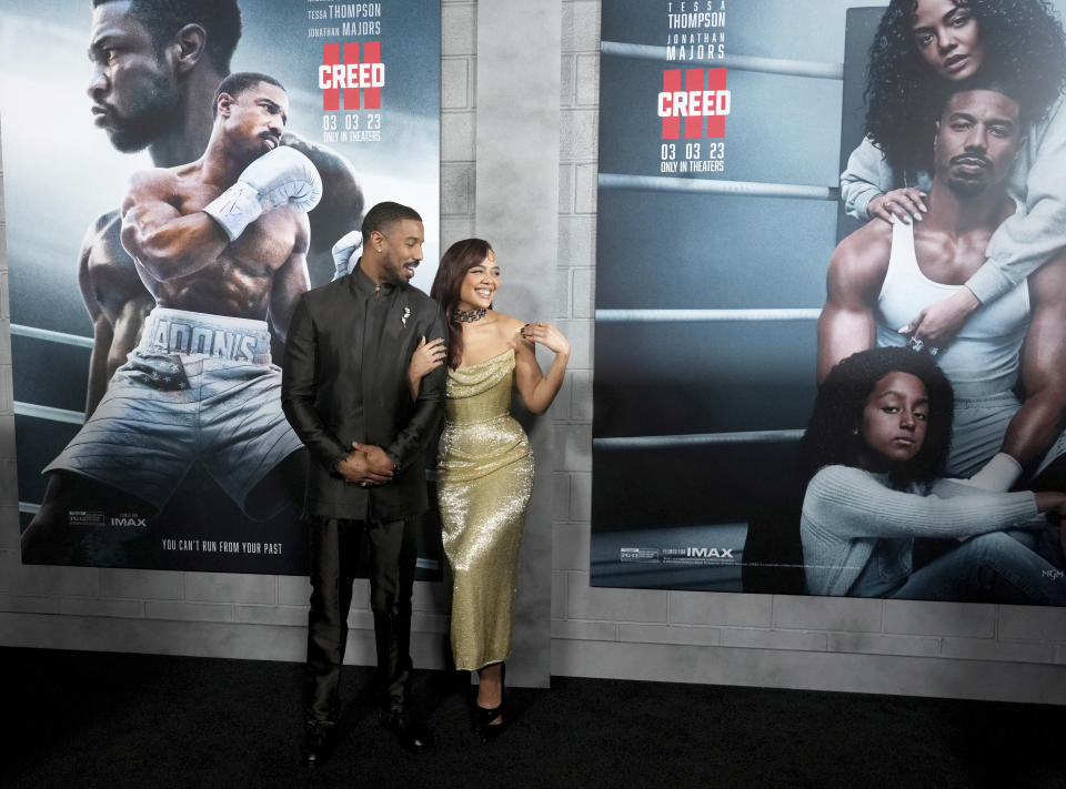 Michael B. Jordan, left, and Tessa Thompson arrive at the premiere of "Creed III" on Monday, Feb. 27, 2023, at TCL Chinese Theatre in Los Angeles. (Photo by Jordan Strauss/Invision/AP)