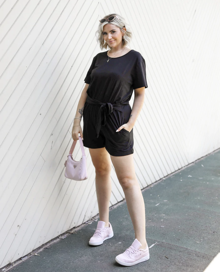 Jemma Shorty Romper in Midnight Black (Photo via Smash and Tess)