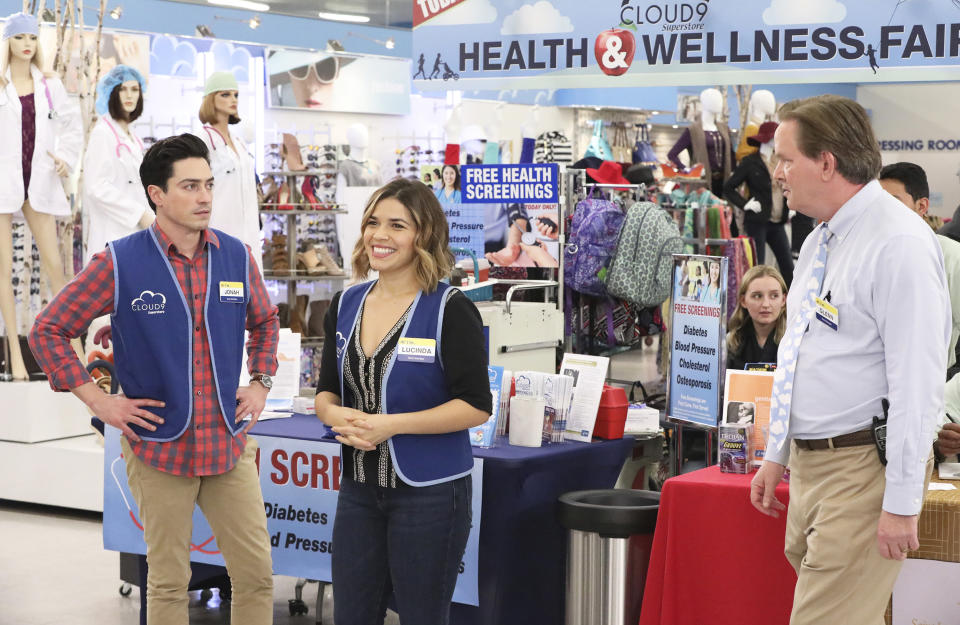 Ben Feldman as Jonah, America Ferrera as Amy, and Mark McKinney as Glenn in 