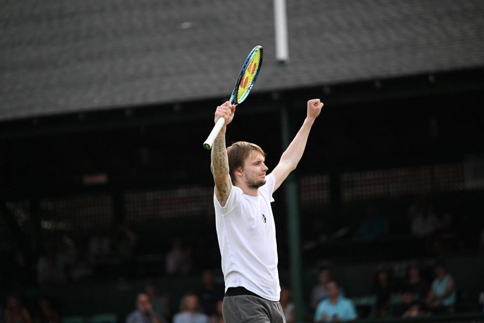 Alexander Bublik celebrates in his match against Jason Kubler during the Infosys Hall of Fame Open at Center Court on Saturday.