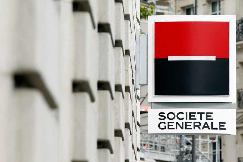 FILE PHOTO: General view of a the logo outside a branch of French bank Societe Generale in Paris