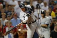 New York Yankees' Aaron Judge strikes out swinging to end the baseball game during the ninth inning against the Boston Red Sox, Saturday, June 26, 2021, in Boston. (AP Photo/Michael Dwyer)