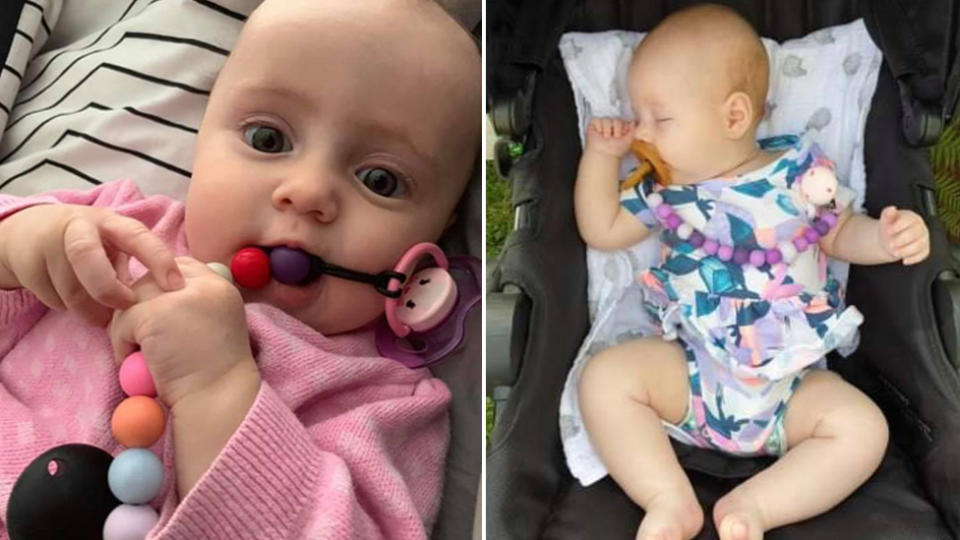 Two babies using the Hallie & Moo dummy chains that have been recalled.