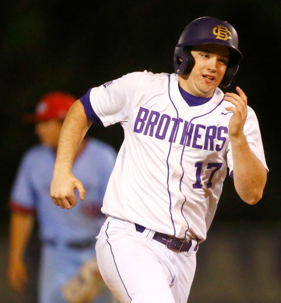 Christian Brothers' Hank Stalnaker (17) rounds the bases during a game Tuesday, April 12, 2022, at Christian Brothers High School. The Purple Wave beat St. Benedict, 22-5.