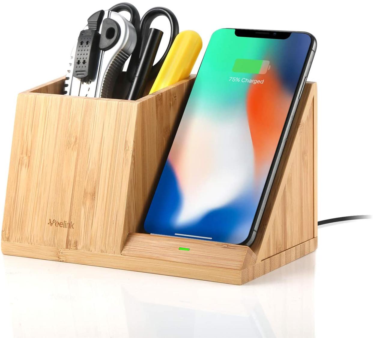Veelink Bamboo Wireless Charger with Organizer; cool office supplies
