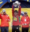 Apr 16, 2018; Boston, MA, USA; Yuki Kawauchi of Japan holds up the trophy after winning the 2018 Boston Marathon. Mandatory Credit: Winslow Townson-USA TODAY Sports