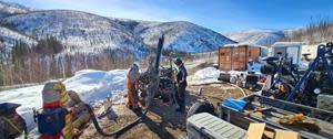 Rotary Air Blast drill rig in action at the Sunrise prospect, West pogo block, 64North gold project, Alaska.