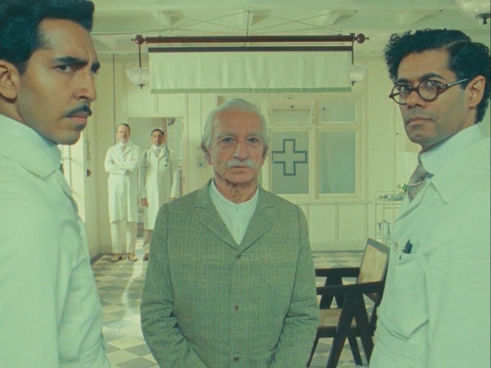 dev patel as dr chatterjee, sir ben kingsley as imdad khan and richard ayoade as dr marshall in roald dahl's the wonderful story of henry sugar