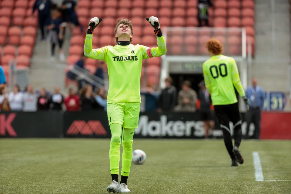 Morgan goalkeeper Garrett Henderson celebrates after making a save during penalty kicks in a 3A boys soccer state semifinal against Ogden at Zions Bank Stadium in Herriman on Wednesday, May 10, 2023. | Spenser Heaps, Deseret News