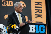 Iowa head coach Kirk Ferentz talks to reporters during an NCAA college football news conference at the Big Ten Conference media days, at Lucas Oil Stadium in Indianapolis, Friday, July 23, 2021. (AP Photo/Michael Conroy)