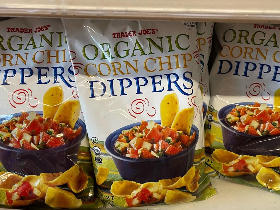 Trader Joe's organic corn-chip dippers on a shelf