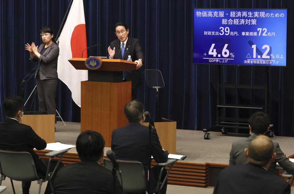 Japanese Prime Minister Fumio Kishida speaks during a news conference at his official residence in Tokyo, Friday Oct. 28, 2022. Kishida’s government approved Friday a hefty economic package that will include government funding of about 29 trillion yen ($200 billion) to soften the burden of costs from rising utility rates and food prices. (Yoshikazu Tsuno/Pool Photo via AP)