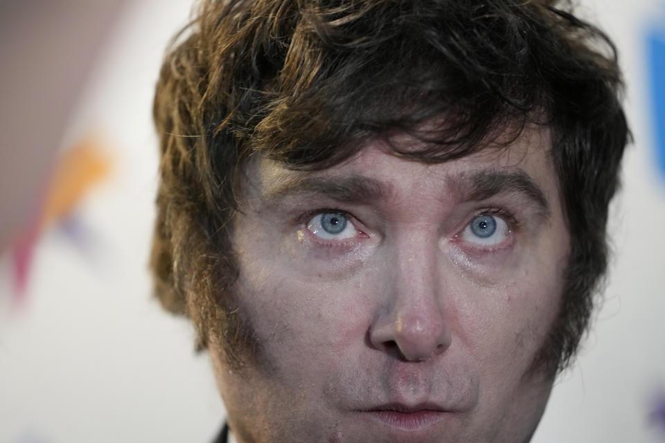 Argentina presidential candidate Javier Milei poses for a selfie after presenting his book "The End of Inflation" at the Buenos Aires book fair in Buenos Aires, Argentina, Sunday, May 14, 2023. (AP Photo/Natacha Pisarenko)