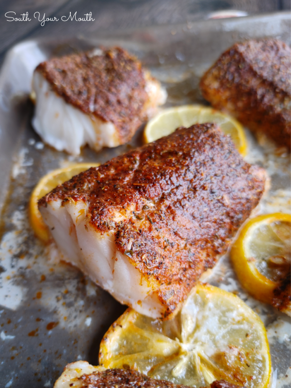 <p>South Your Mouth</p><p>A quick and easy recipe for baked cod seasoned with blackening spices–using a prepared blend or the included blackening seasoning recipe. It's ready in under 15 minutes!</p><p><strong>Get the recipe: <a href="https://www.southyourmouth.com/2021/02/baked-blackened-cod.html" rel="nofollow noopener" target="_blank" data-ylk="slk:Baked Blackened Cod;elm:context_link;itc:0;sec:content-canvas" class="link rapid-noclick-resp"><em>Baked Blackened Cod</em></a></strong></p>