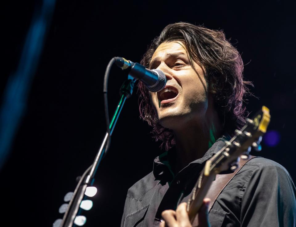 Train guitarist Taylor Locke sings backup at The American Express in La Quinta, Calif., Saturday, Jan. 20, 2024.