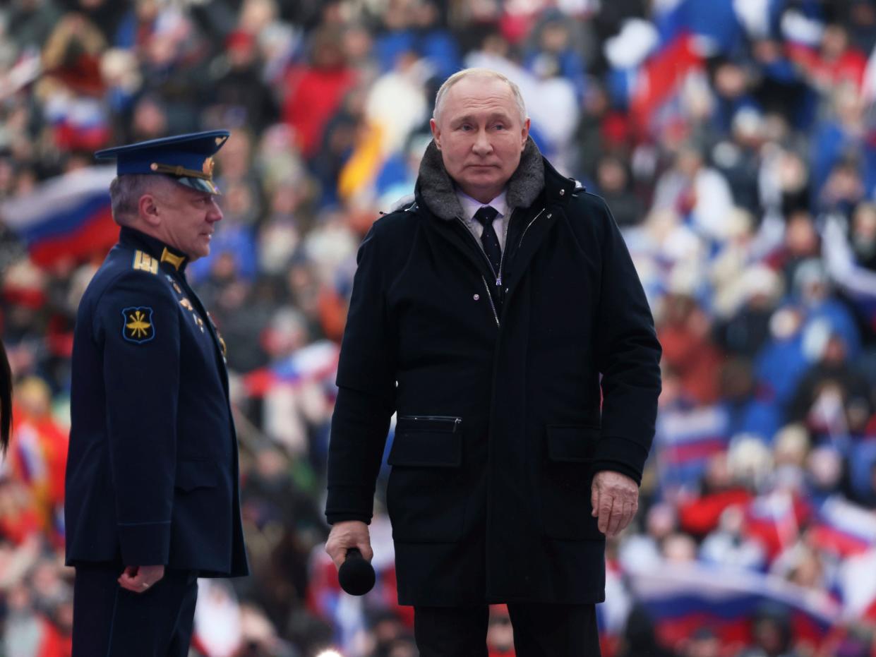 Russian President Vladimir Putin arrives at the rally at Luzhniki Stadium in Moscow, Russia, on February 22, 2023.