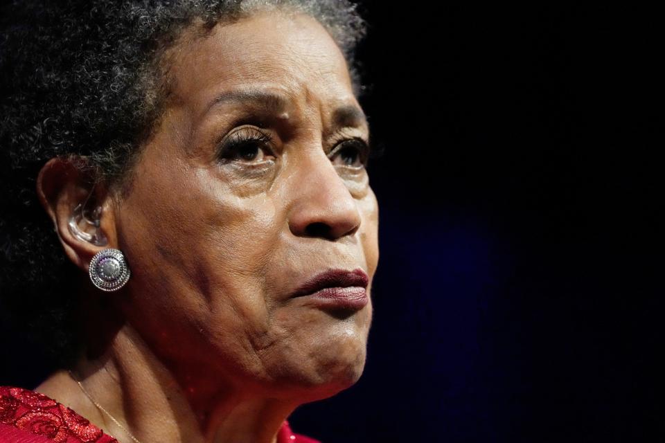 Myrlie Evers-Williams, civil rights leader and widow of slain civil rights icon Medgar Evers, speaks at The Medgar and Myrlie Evers Institute of Courage and Justice Gala, commemorating the 60th anniversary of the 1963 assassination of her husband, Friday, June 9, 2023, in Jackson, Miss.