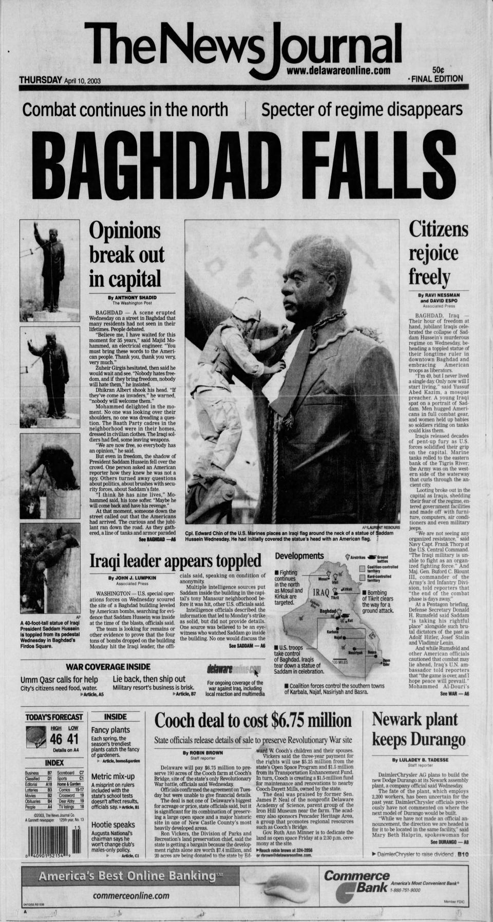 Front page of The News Journal from April 10, 2003.