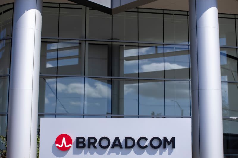 The Broadcom Limited company logo is shown outside one of their office complexes in Irvine, California