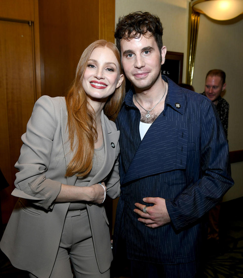 Jessica Chastain and Ben Platt attend the 76th Annual Tony Awards Meet The Nominees Press Event At Sofitel New York at Sofitel New York on May 04, 2023 in New York City.