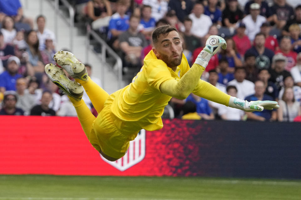 United States goalkeeper Matt Turner leaps for a shot during the first half of an international friendly soccer match against Uzbekistan Saturday, Sept. 9, 2023, in St. Louis. (AP Photo/Jeff Roberson)