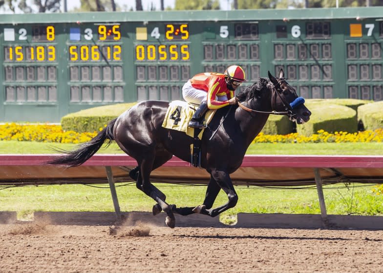 CORRECTS TO LOS ALAMITOS NOT SANTA ANITA - In this image provided by Benoit Photo, Uncle Chuck, with Luis Saez aboard, wins the Grade III, $150,000 Los Alamitos Derby horse race Saturday, July 4, 2020, at Los Alamitos Race Course in Cypress, Calif. (Benoit Photo via AP)