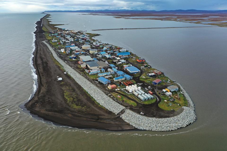 The Army Corps of Engineers built a rock revetment in 2008-2009 to help buffer Kivalina’s shore, but it does not surround the entire island. <a href="https://www.gettyimages.com/detail/news-photo/an-aerial-view-from-a-drone-shows-kivalina-which-is-at-the-news-photo/1175057966" rel="nofollow noopener" target="_blank" data-ylk="slk:Joe Raedle/Getty Images;elm:context_link;itc:0;sec:content-canvas" class="link ">Joe Raedle/Getty Images</a>