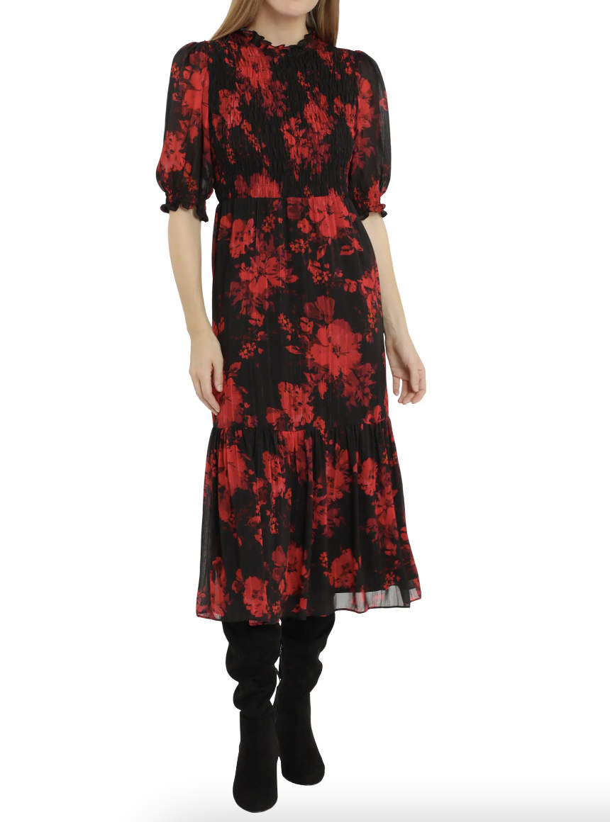 London Times Floral Puff Sleeve Smocked Tiered Midi Dress in black and red floral print