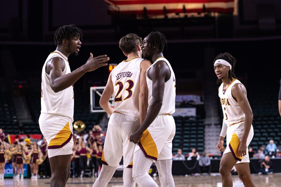 Mar 10, 2023; Atlantic City, NJ, USA; Iona Gaels forward Sadiku Ibine Ayo (2) reacts after a basket against the Niagara Purple Eagles during the first half at Jim Whelan Boardwalk Hall. Mandatory Credit: John Jones-USA TODAY Sports