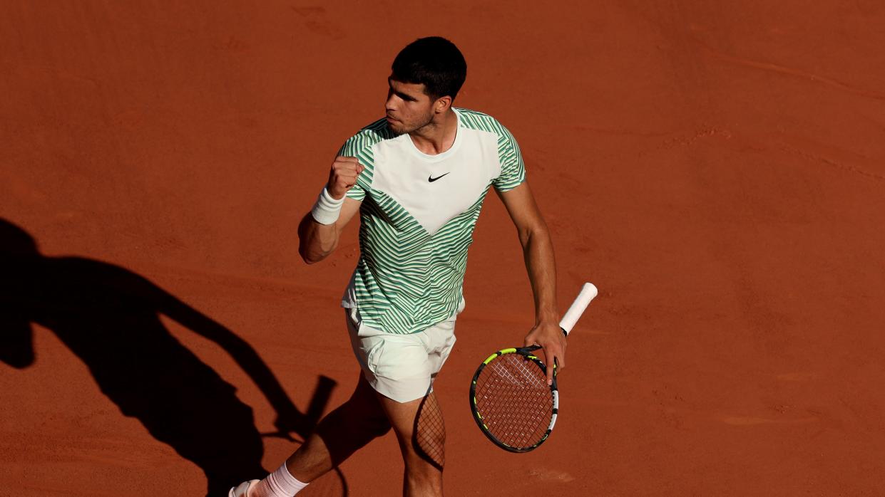  Carlos Alcaraz of Spain celebrates a point during the Men's Singles at the 2023 French Open at Roland Garros 