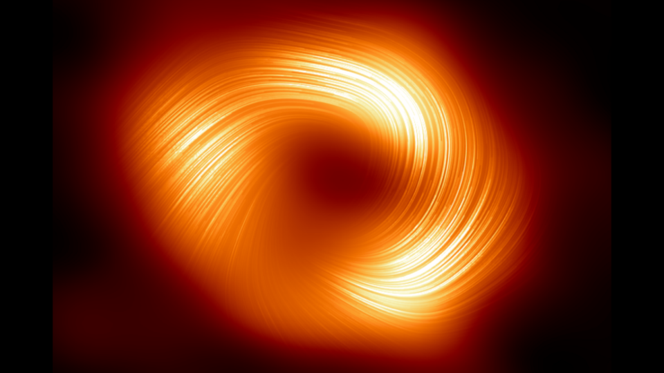 A swirling circle with stripes that have a reddish orange glow.