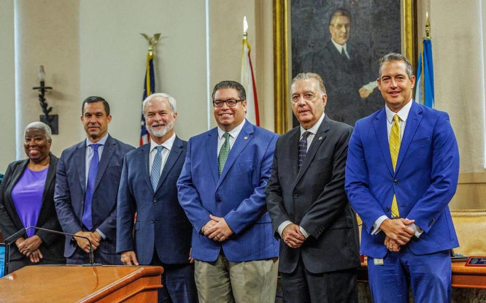 From left: Clarice Cooper joined Coral Gables Mayor Vince Lago, Commissioners Kirk Menendez and Ariel Fernandez, City Manager Amos Rojas Jr. and City Clerk Billy Urquia, during a meeting at Coral Gables City Hall, on Tuesday, March 12, 2024.