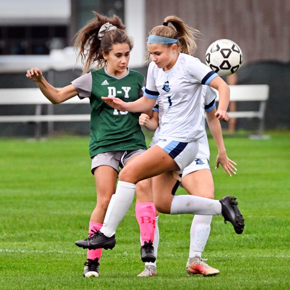 SOUTH YARMOUTH  10/25/22   Megan Jakubicka of Sandwich heads the ball in front of Sienna Ahern-Harding of D-Y.  Jakubicka scoried two of the four goals for Sandwich in a 4-1 win. for a photo gallery: https://www.capecodtimes.com/news/photo-galleries/