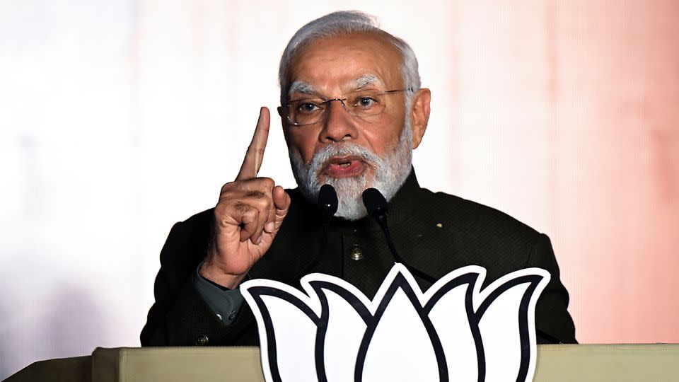 Narendra Modi speaks at the Bharatiya Janata Party headquarters in New Delhi on December 3, 2023. - Prakash Singh/Bloomberg/Getty Images