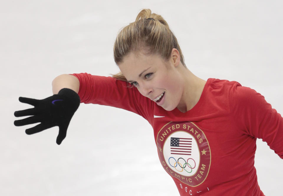 Ashley Wagner, of the United States, skates at the figure stating practice rink ahead of the 2014 Winter Olympics, Wednesday, Feb. 5, 2014, in Sochi, Russia. (AP Photo/Ivan Sekretarev)