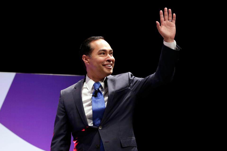 Democratic presidential candidate Julian Castro greets the audience before answering questions during a presidential forum held by She The People on the Texas State University campus Wednesday, April 24, 2019, in Houston. (AP Photo/Michael Wyke)