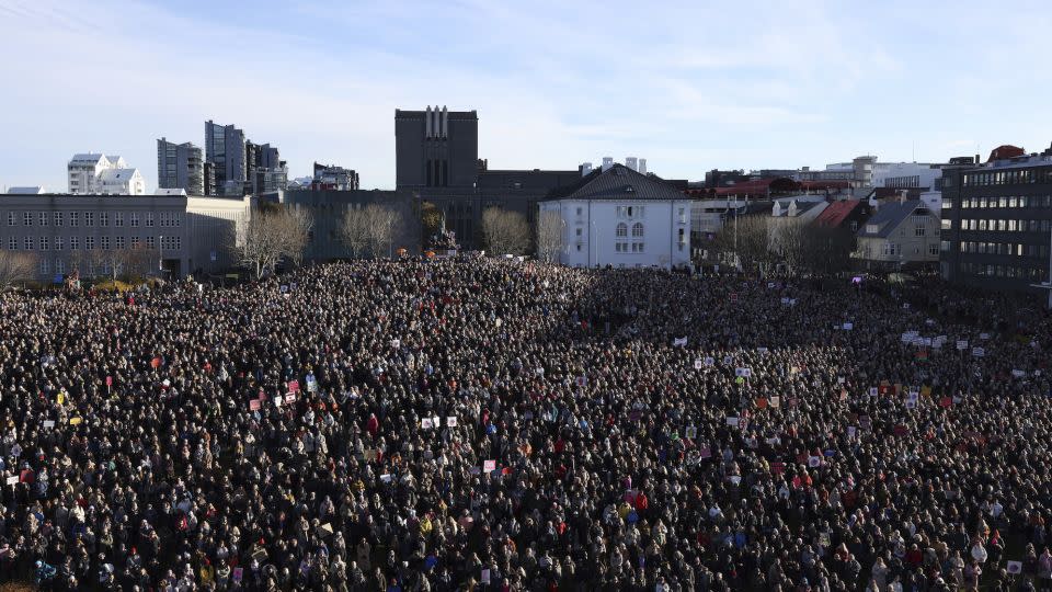 Thousands of women protest in Reykjavik, in Iceland, on Tuesday, as part of a nationwide strike to end to unequal pay and gender-based violence.  - Arni Torfason/AP