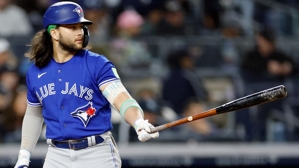 NEW YORK, NEW YORK - SEPTEMBER 21: Bo Bichette #11 of the Toronto Blue Jays at bat during the game against the New York Yankees at Yankee Stadium on September 21, 2023 in the Bronx borough of New York City. The Yankees won 5-3. (Photo by Sarah Stier/Getty Images)
