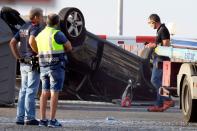 Police prepare to carry out more checks on an overturned car involved in the attack in Cambrils